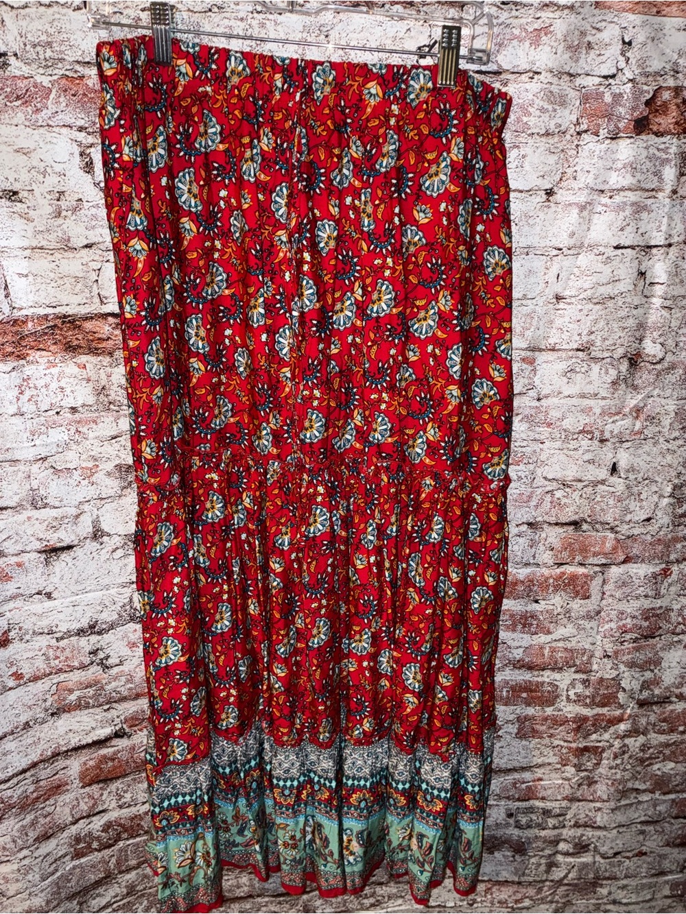 Boho Red Floral Tiered Maxi Skirt with Contrasting Hem